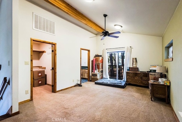 carpeted bedroom featuring access to exterior, high vaulted ceiling, and ceiling fan