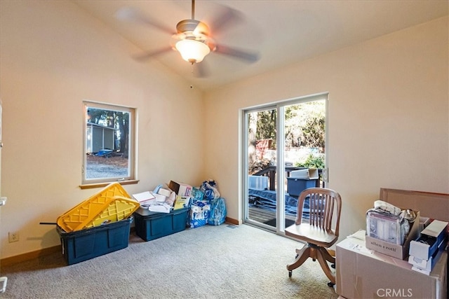 bedroom featuring access to exterior, ceiling fan, carpet, and vaulted ceiling