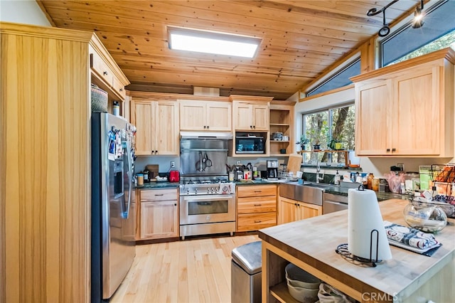 kitchen with lofted ceiling, wood ceiling, light brown cabinetry, light hardwood / wood-style flooring, and stainless steel appliances