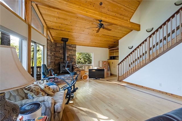 living room featuring light hardwood / wood-style floors, high vaulted ceiling, a wood stove, and wooden ceiling