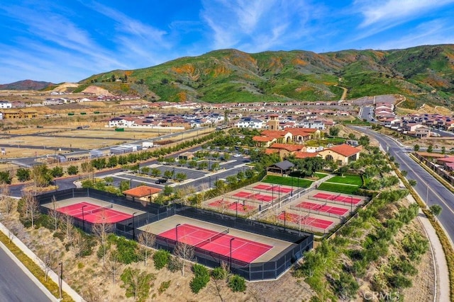 drone / aerial view featuring a mountain view