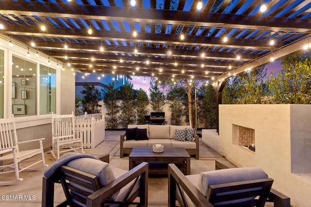 view of patio / terrace featuring outdoor lounge area, a grill, and a pergola