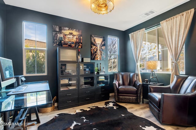 sitting room with plenty of natural light and light hardwood / wood-style flooring