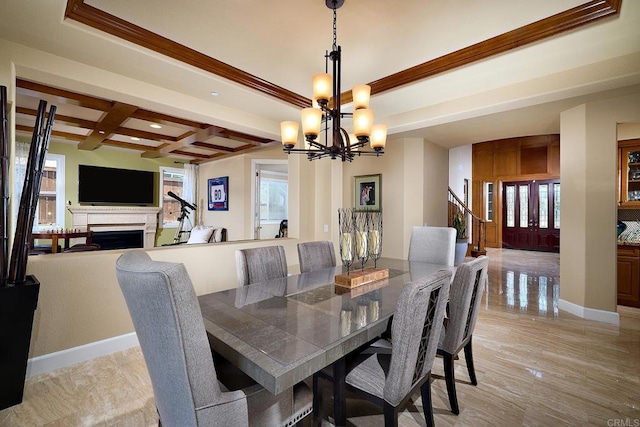 dining space with ornamental molding, beamed ceiling, coffered ceiling, and a chandelier