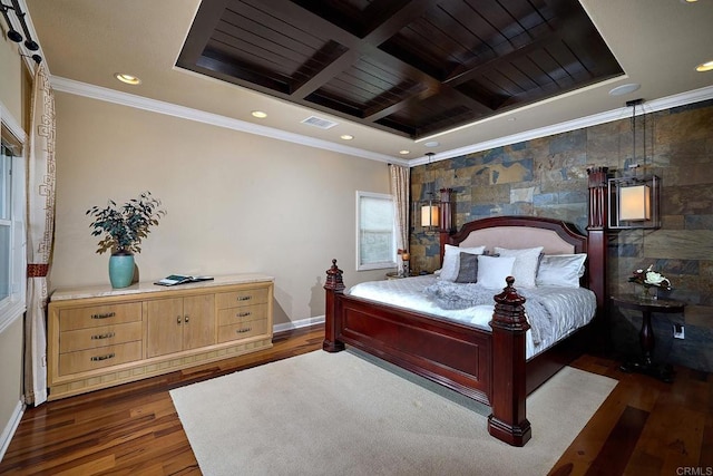 bedroom with tile walls, coffered ceiling, dark wood-type flooring, and crown molding