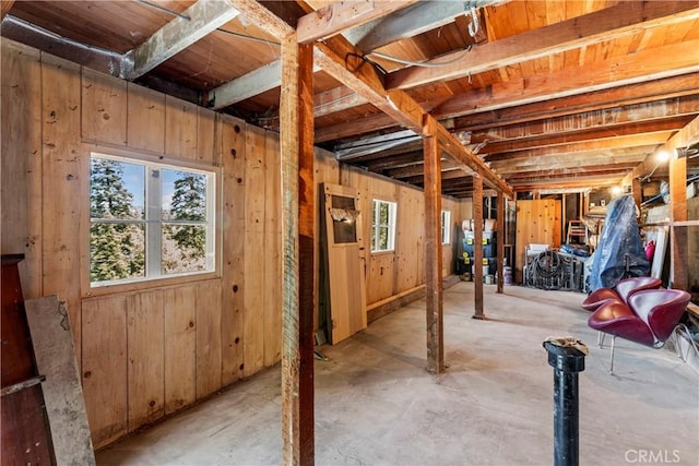 basement featuring wooden walls