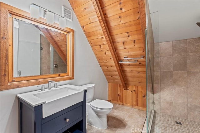 bathroom featuring a shower with shower door, wooden ceiling, vanity, and vaulted ceiling with beams