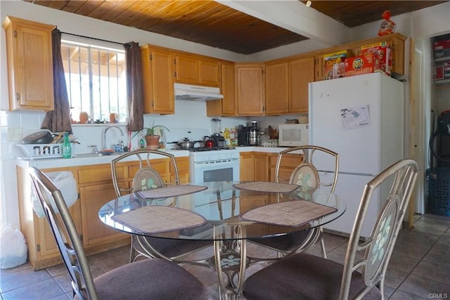 kitchen with white appliances, wooden ceiling, light tile patterned floors, and sink