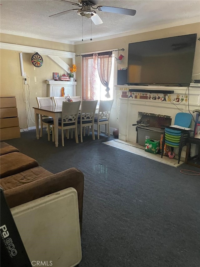 832 W 41st St, Los Angeles, CA 90037 - living room with a textured ceiling, carpet flooring, and a ceiling fan