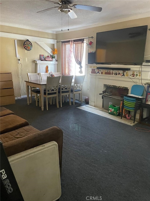 832 W 41st St, Los Angeles, CA 90037 - carpeted living room with a ceiling fan and a textured ceiling