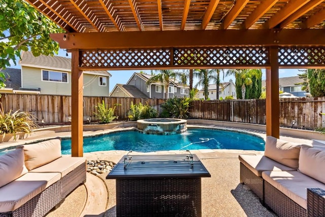 view of swimming pool featuring outdoor lounge area, an in ground hot tub, and a patio area