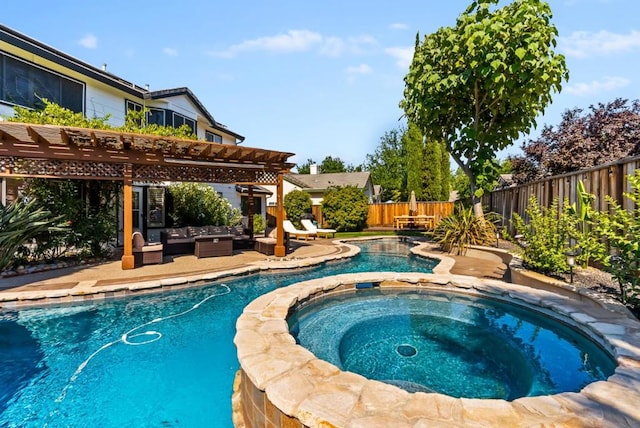 view of swimming pool featuring outdoor lounge area, an in ground hot tub, a patio, and a pergola