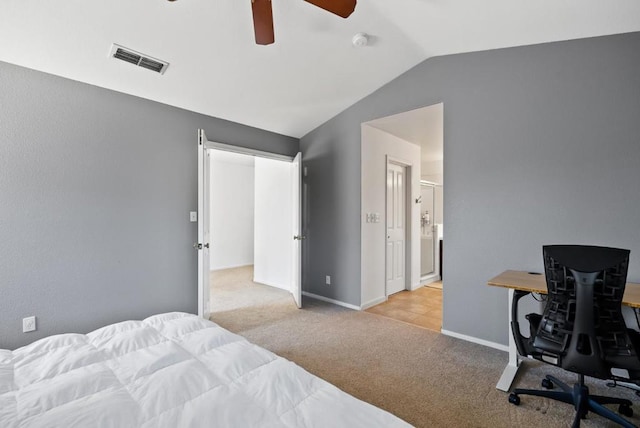 carpeted bedroom featuring ceiling fan and lofted ceiling