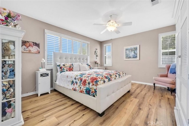 bedroom featuring ceiling fan and light wood-type flooring