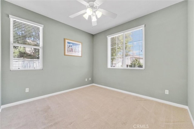 unfurnished room with a wealth of natural light, carpet floors, and ceiling fan