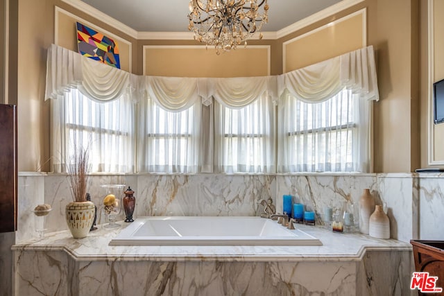 bathroom featuring a notable chandelier, decorative backsplash, and a relaxing tiled tub