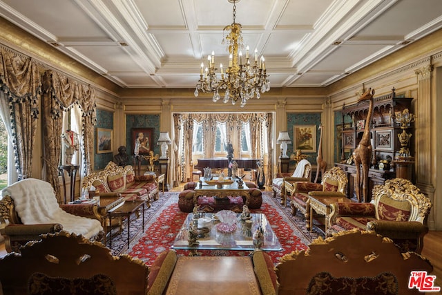 living room featuring a notable chandelier, beam ceiling, coffered ceiling, and ornamental molding