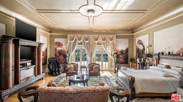 interior space featuring light wood-type flooring and crown molding