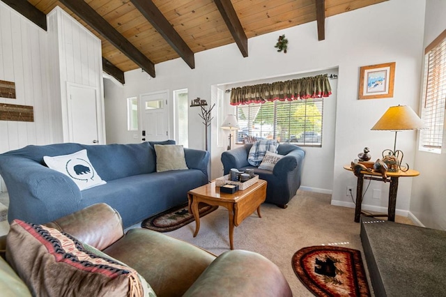 living room with lofted ceiling with beams, light colored carpet, wooden ceiling, and plenty of natural light