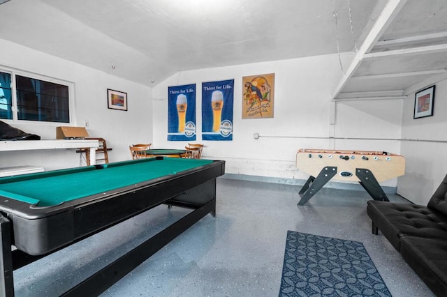 recreation room featuring pool table and vaulted ceiling