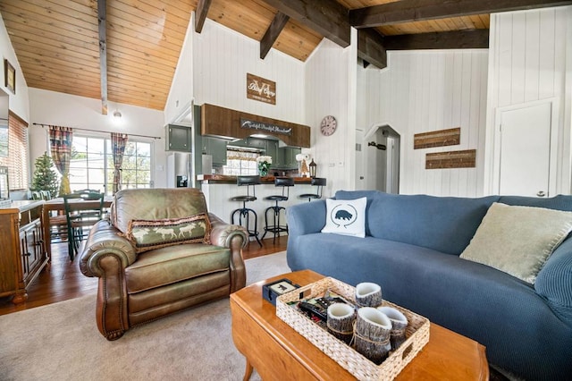 living room with beamed ceiling, wooden walls, wood-type flooring, wooden ceiling, and high vaulted ceiling