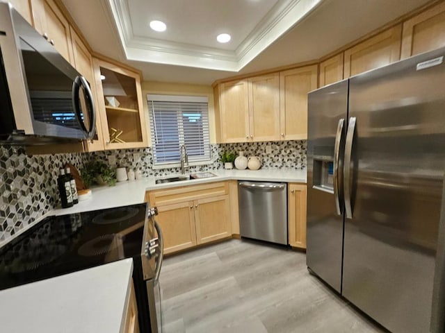 kitchen with appliances with stainless steel finishes, a raised ceiling, light brown cabinetry, crown molding, and sink