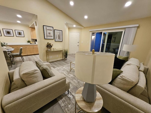 living room featuring vaulted ceiling and light hardwood / wood-style floors