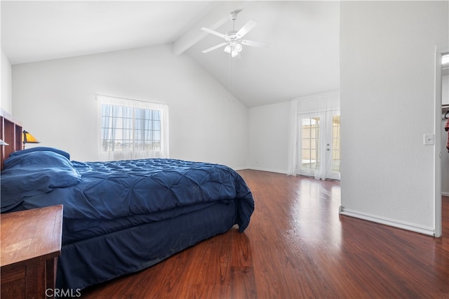 bedroom featuring ceiling fan, access to outside, french doors, dark wood-type flooring, and lofted ceiling with beams