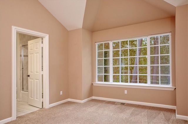 carpeted spare room with vaulted ceiling and a wealth of natural light