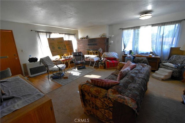 living room with a fireplace, radiator heating unit, and light hardwood / wood-style flooring