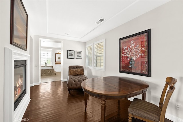 dining area featuring dark wood-type flooring and plenty of natural light