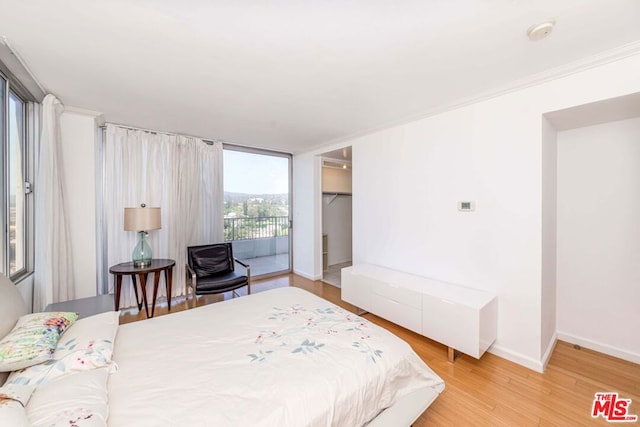 bedroom with access to exterior, wood-type flooring, a closet, and a walk in closet