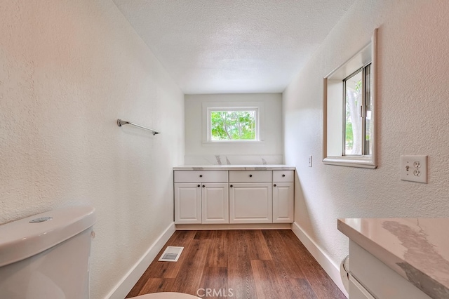 bathroom with toilet, a textured ceiling, hardwood / wood-style flooring, and vanity