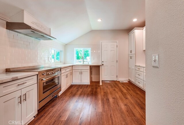21457 Pecan St, Wildomar, CA 92595 - kitchen with high end stainless steel range, vaulted ceiling, dark wood-style floors, light countertops, and white cabinetry