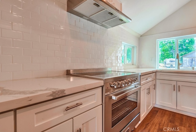 kitchen featuring tasteful backsplash, extractor fan, white cabinetry, stainless steel stove, and dark wood-type flooring