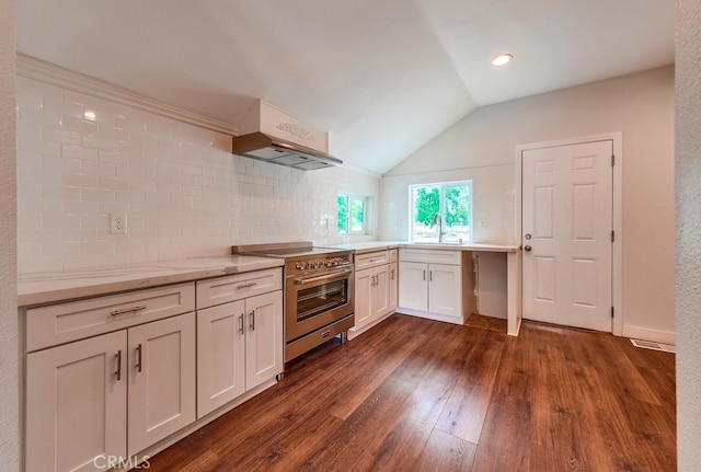 kitchen featuring high end stainless steel range oven, ventilation hood, vaulted ceiling, white cabinets, and dark hardwood / wood-style flooring