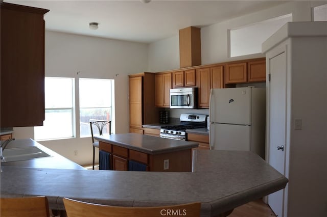 kitchen featuring kitchen peninsula, sink, stainless steel appliances, and a kitchen island