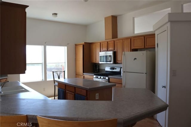 kitchen featuring brown cabinets, appliances with stainless steel finishes, a sink, and a kitchen island