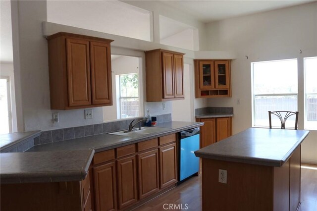 kitchen featuring brown cabinets, dark wood-type flooring, a sink, and dishwashing machine