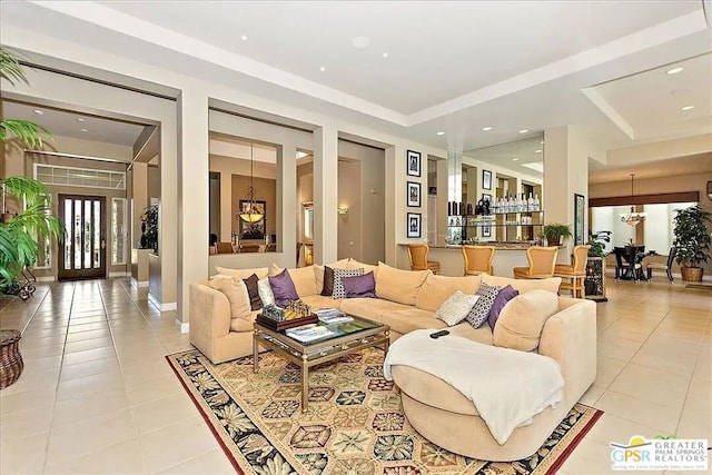 tiled living room with indoor bar