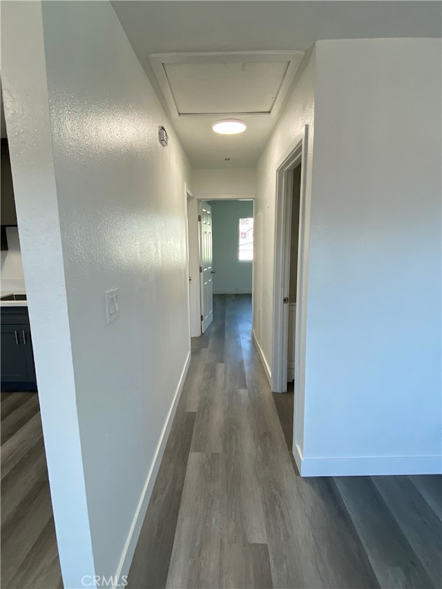 corridor featuring dark wood-type flooring