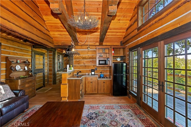 office area with french doors, wood ceiling, lofted ceiling with beams, a notable chandelier, and light wood-type flooring