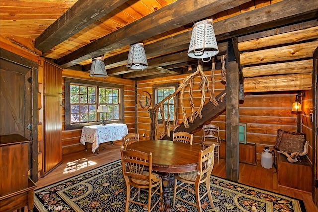 dining room with hardwood / wood-style floors, beamed ceiling, wooden ceiling, and log walls