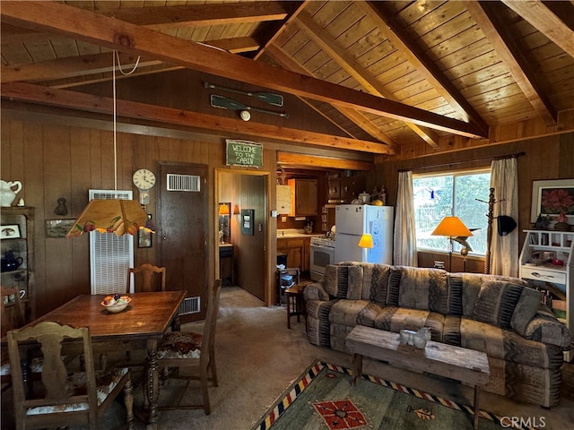 living room featuring beamed ceiling, wooden ceiling, and wooden walls