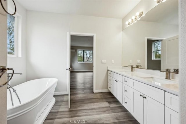 bathroom with vanity, wood-type flooring, and a bath