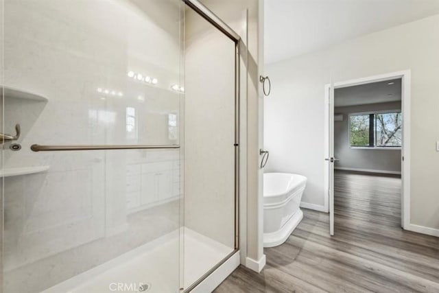 bathroom with separate shower and tub and hardwood / wood-style floors