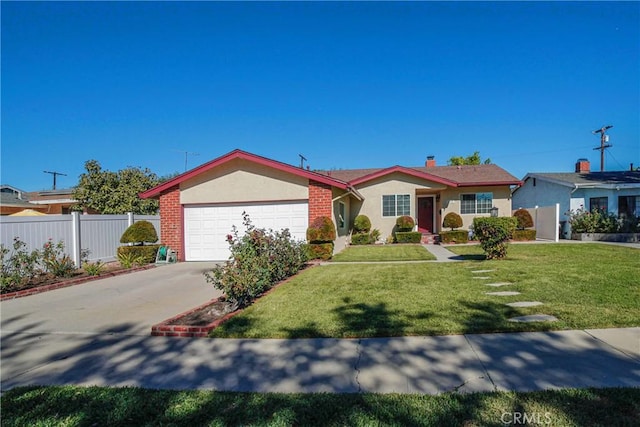 ranch-style home with a garage and a front lawn