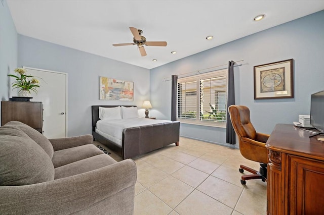 bedroom featuring ceiling fan and light tile patterned floors