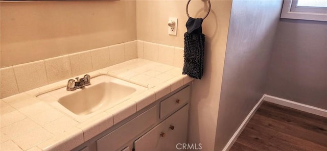 bathroom with wood-type flooring, vanity, and tasteful backsplash