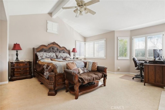 bedroom featuring ceiling fan, lofted ceiling with beams, and light colored carpet